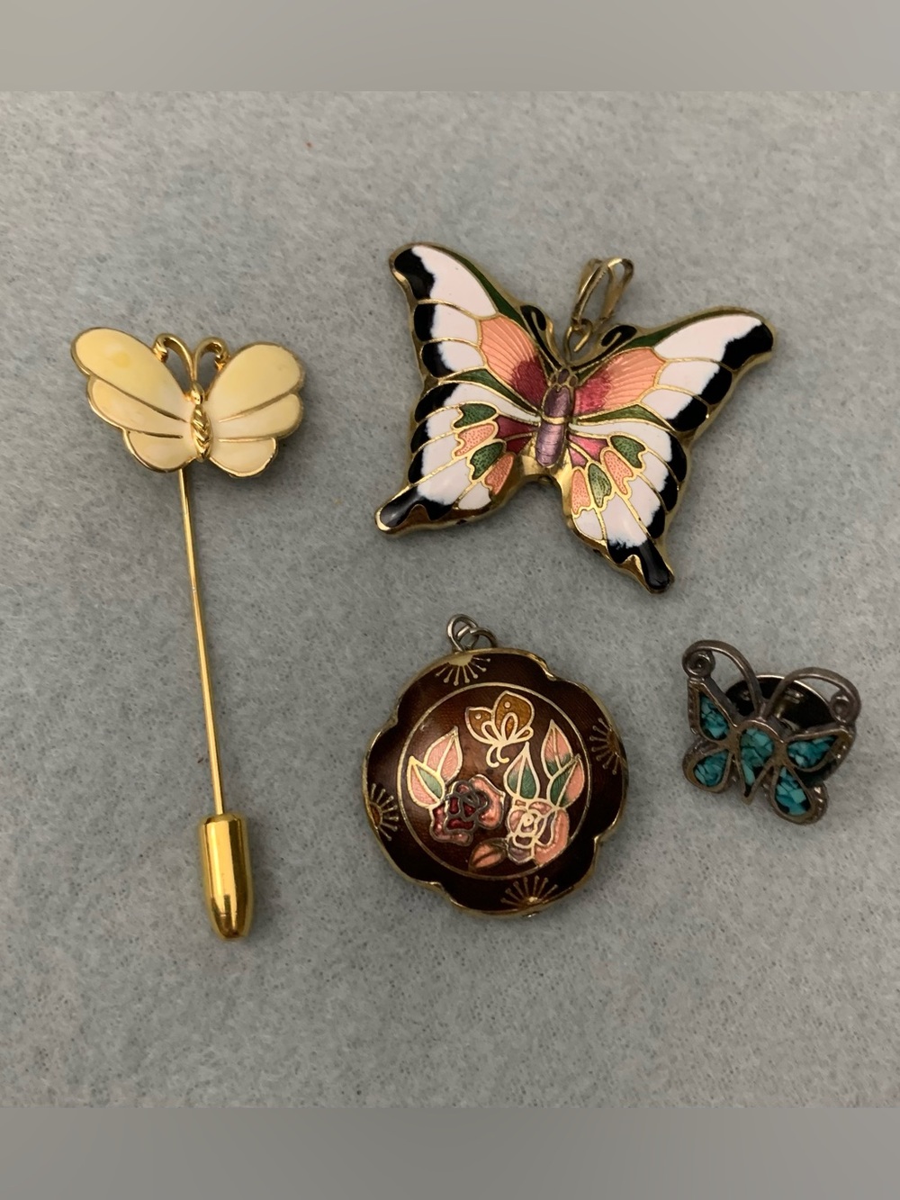 Vintage Butterfly Jewelry Bundle Set of 4 Cloisonné Enamel Pendant & Brooch Pins